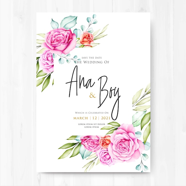 Watercolor floral and leaves wedding card 