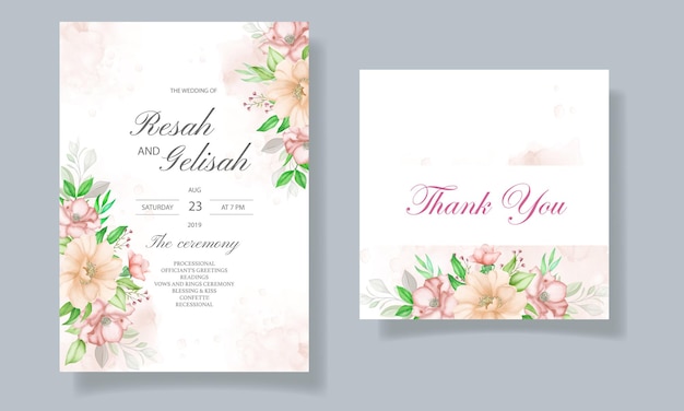 watercolor floral and leaves wedding invitation card