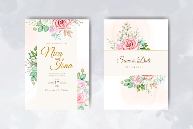 watercolor floral and leaves wedding invitation card