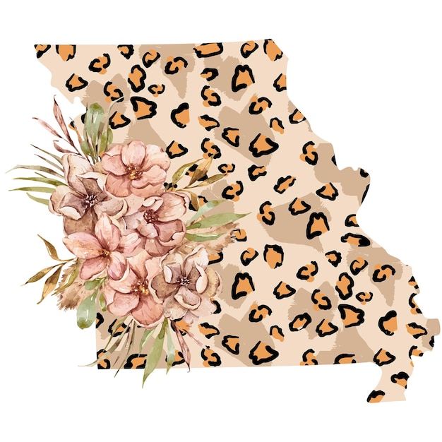 Watercolor floral Leopard Missouri state map illustration for sublimation print poster USA