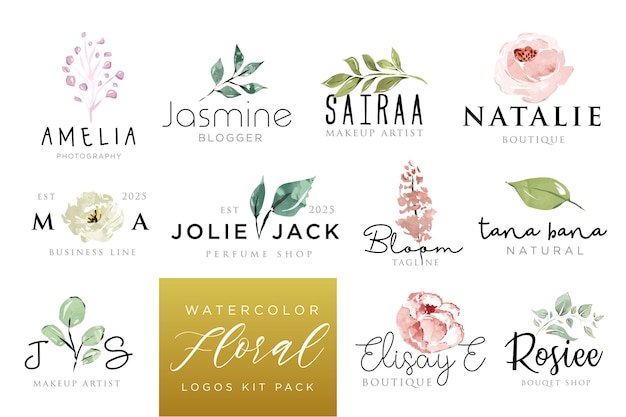 watercolor floral logos pack