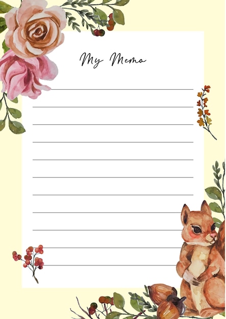 Watercolor floral memo note template