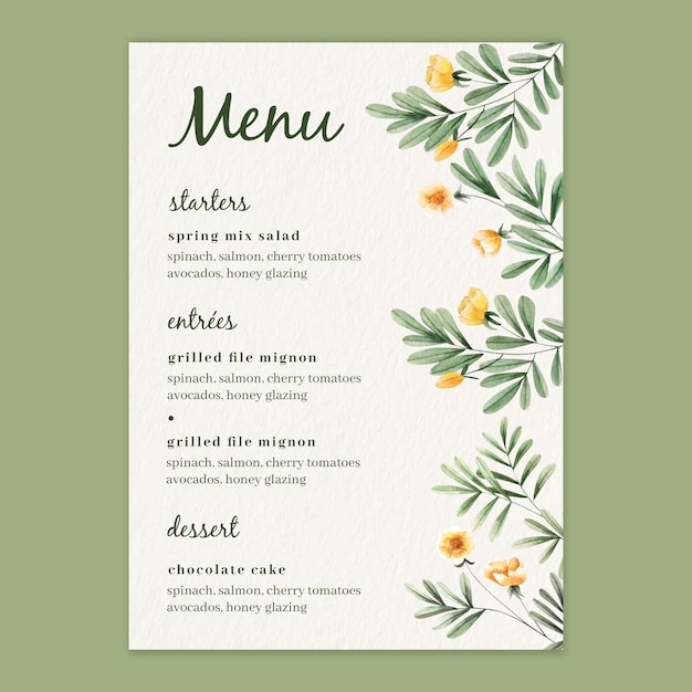 Watercolor floral menu template for wedding