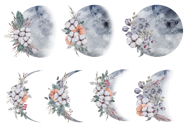 Watercolor floral moon phase clipart Hand painted moon illustration set for print wedding cards