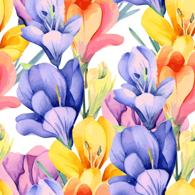 A watercolor floral pattern with yellow and purple crocus flowers.