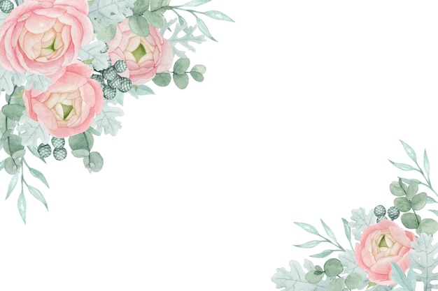 Watercolor floral ranunculus flowers, dusty miller and eucalyptus leaves