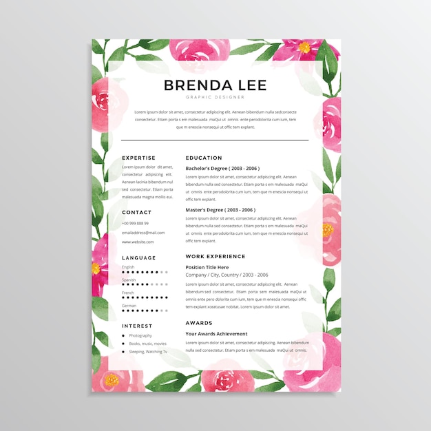 Watercolor Floral Resume CV Template Design