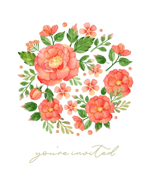 Watercolor floral round illustration with red roses bouquets leaves and dots