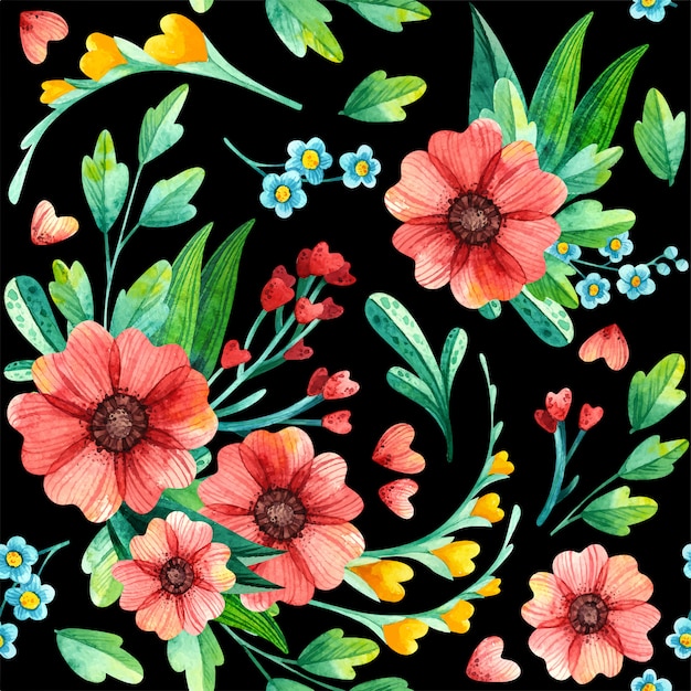 Watercolor   floral seamless pattern. Bright spring and summer floral arrangements on black background. Fashionable print for wrapping paper, fabric, wallpaper, tile, scrapbooking.