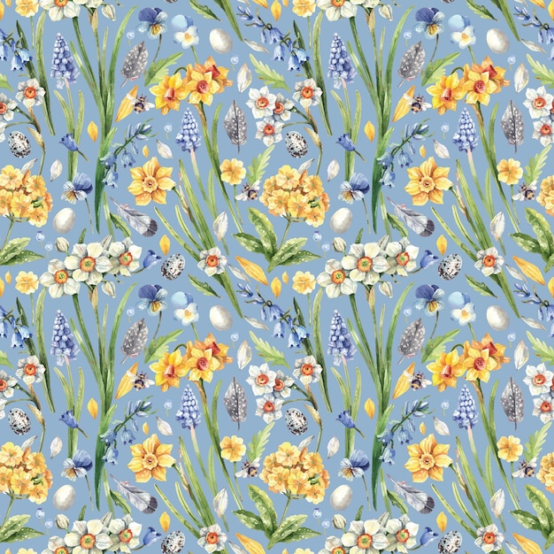 Watercolor, floral seamless pattern with delicate spring flowers. Primrose, muscari, violets