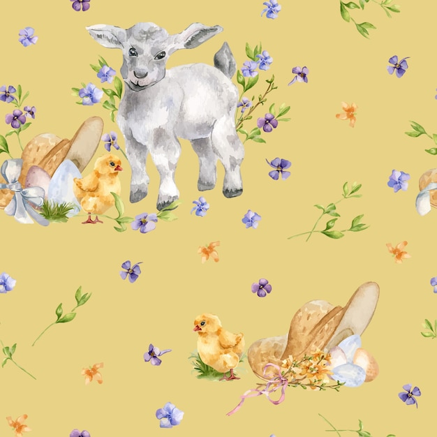 Vector watercolor floral seamless pattern with easter lamb and eggs isolated on beige spring blue yellow flowers with baby animals hand drawn for easter print in neutral color for design textile package