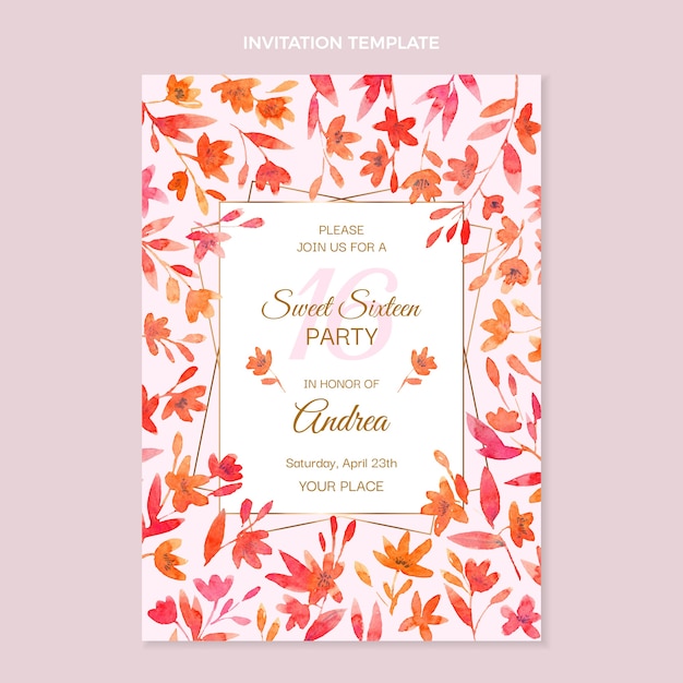 Watercolor floral sweet 16 invitation template