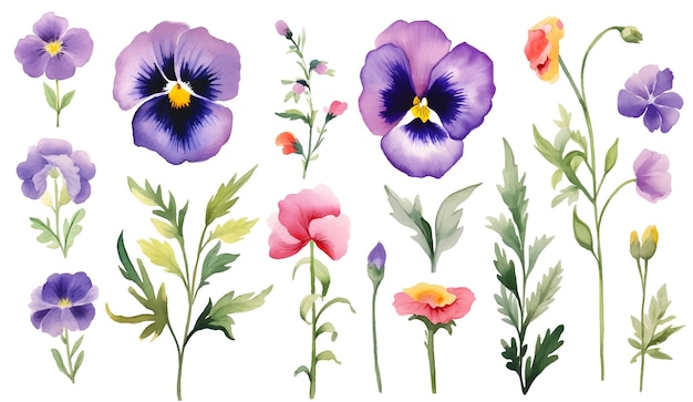 watercolor floral Viola cornuta elements