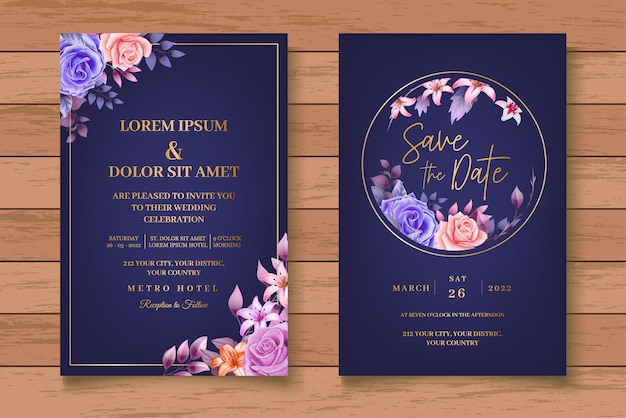 Watercolor floral wedding card set with beautiful floral leaves