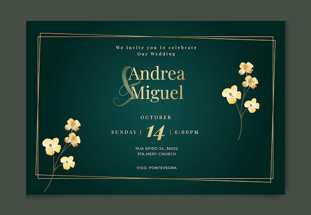 Watercolor Floral wedding invitation card background with golden nature