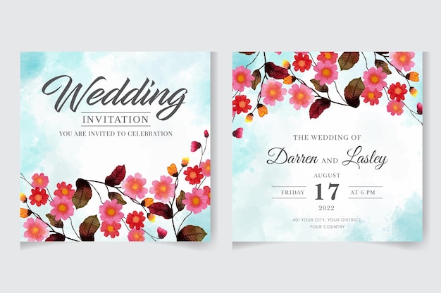 Watercolor floral wedding invitation card template with greenery botanical leaves flowers invite