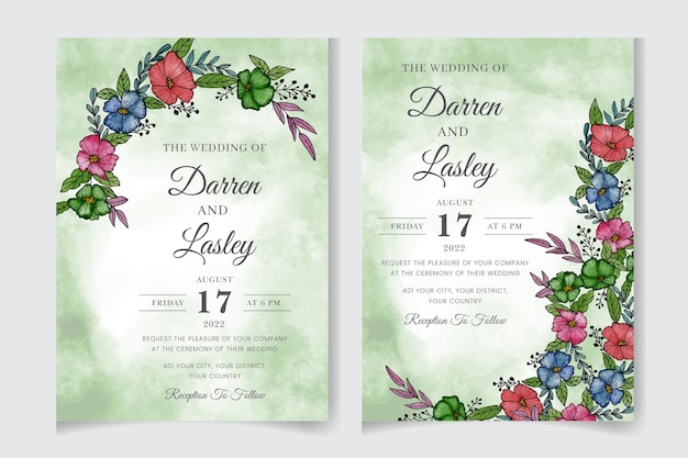 Watercolor floral wedding invitation card template with greenery botanical leaves flowers invite