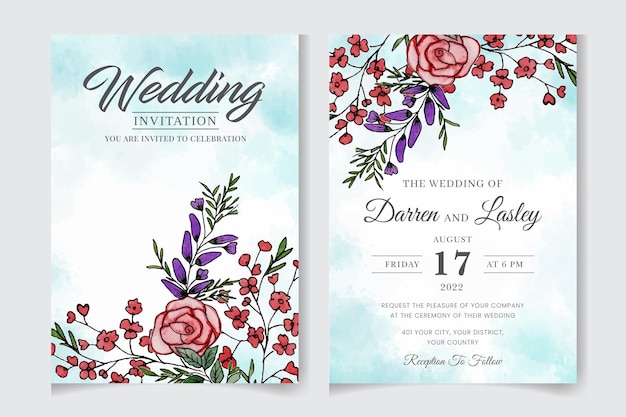 Watercolor floral wedding invitation card template with greenery botanical leaves flowers invite