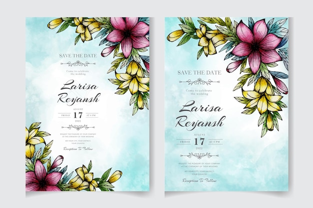 Watercolor floral wedding invitation card template with greenery botanical leaves flowers invite