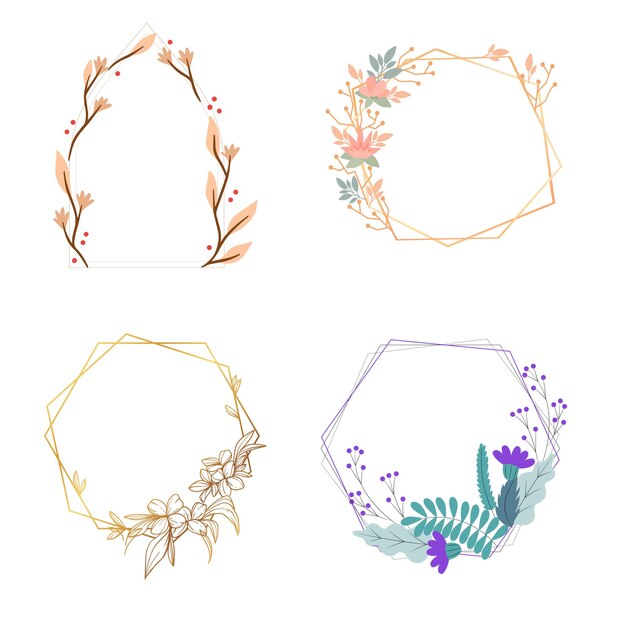 Vector watercolor floral with golden frame collection