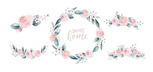 Watercolor floral wreath and lettering, sweet home