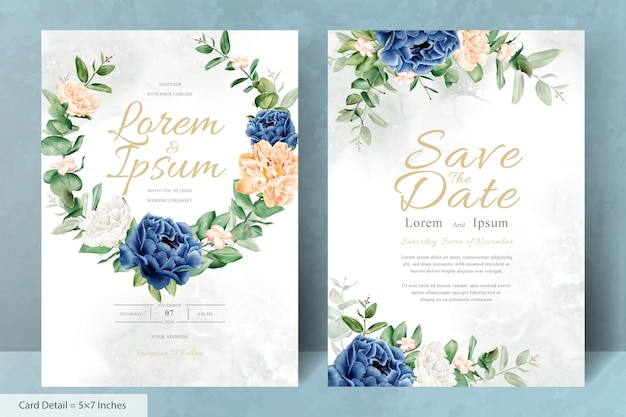 Watercolor Floral Wreath Wedding Invitation Card Template with Realistic Flower and Leaves