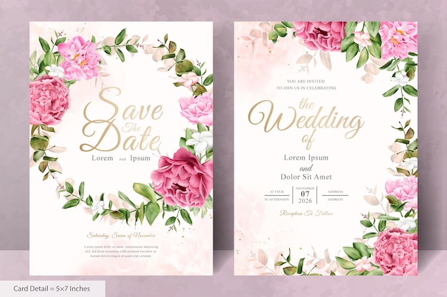 Watercolor Floral Wreath Wedding Invitation Card Template with Realistic Flower and Leaves