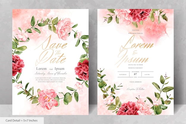 Watercolor Floral Wreath Wedding Invitation Card Template with Realistic Flower and Leaves