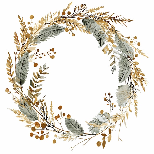 Vector watercolor floral wreath with gold frame