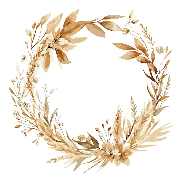 Watercolor floral wreath with gold frame