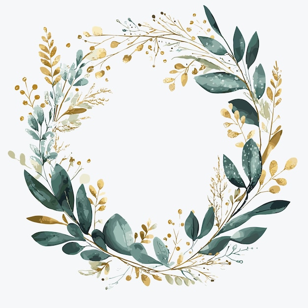 Vector watercolor floral wreath with gold frame