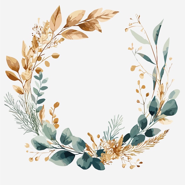 Watercolor floral wreath with gold frame