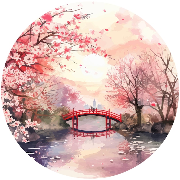 Watercolor floral wreath with pink sakura flowers on white background