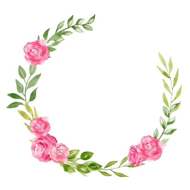 Watercolor Floral Wreath with Rose pink Flowers and green leaves Hand drawn Round Frame for greeting cards or wedding invitations Illustration on isolated background Botanical drawing with plants