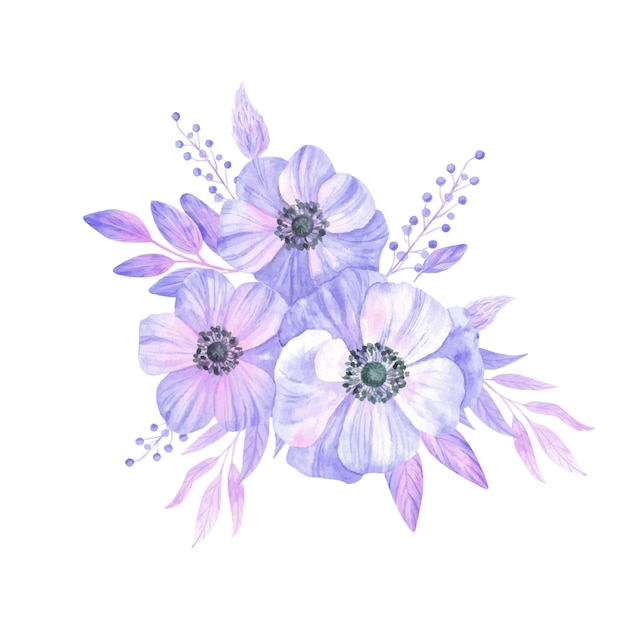 Watercolor flower bouquets Purple anemones composition with leaves  isolated on white background