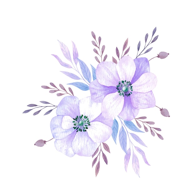 Watercolor flower bouquets Purple anemones composition with leaves  isolated on white background