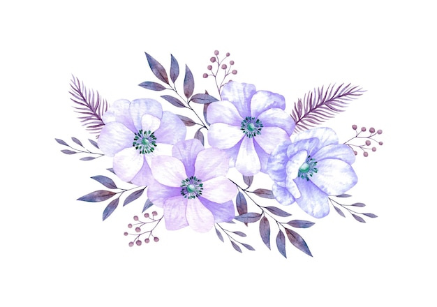 Watercolor flower bouquets Purple anemones composition with leaves  isolated on white background