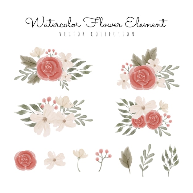 Watercolor flower element and bouquet clipart vector collection