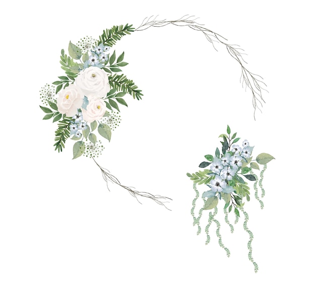 Watercolor flower and green leaves with circle branch frame