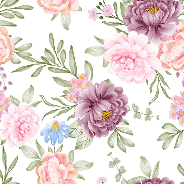 Watercolor flower and leaves seamless pattern