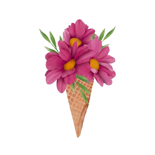 watercolor flower in wafer ice cream cone