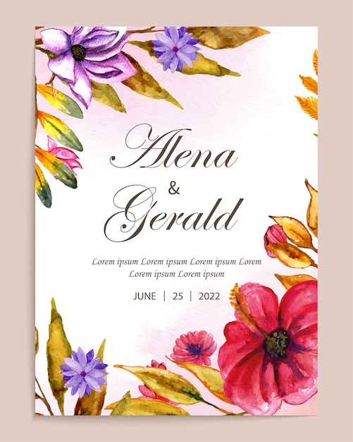 Watercolor flower wedding card invitation template