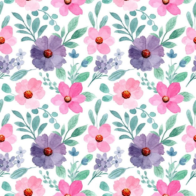 watercolor flower with green leaves seamless pattern