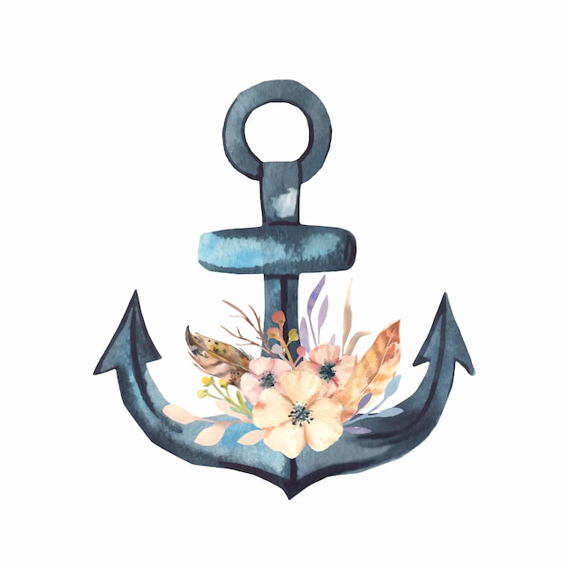 Watercolor flowers and anchor.