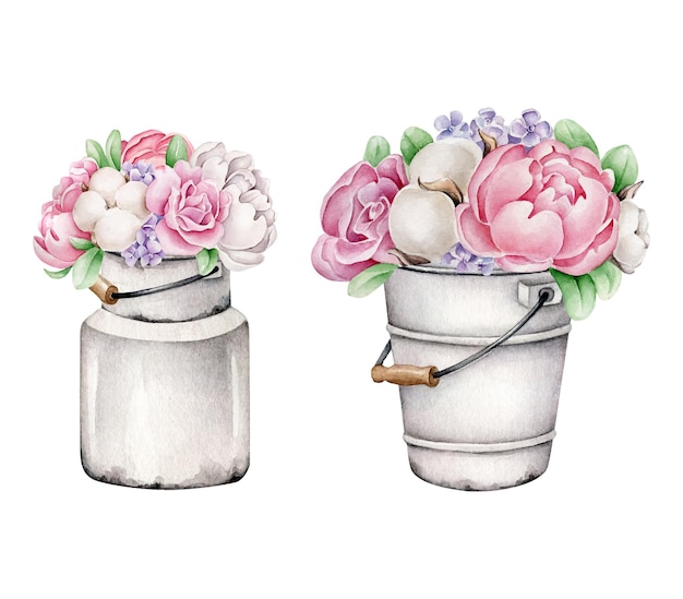 Watercolor flowers bouquet in vase.Peonies and cotton flowers in can