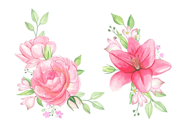 Watercolor flowers bouquets of pink flowers isolated