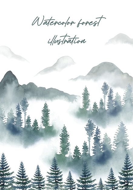 Watercolor foggy forest in mountains illustration