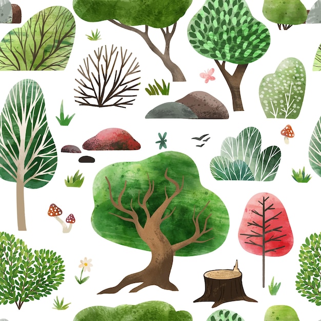 Watercolor forest elements hand drawn  pattern