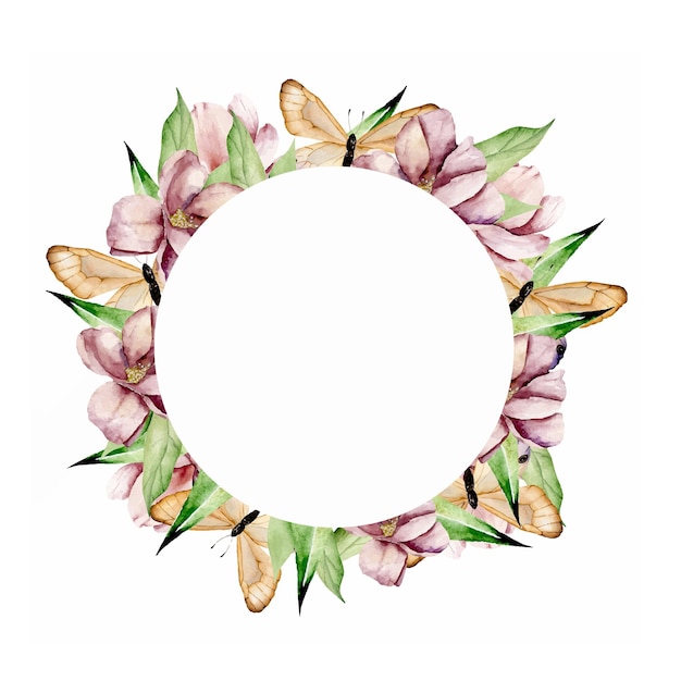 Watercolor frame round floral pink magnolia flowers