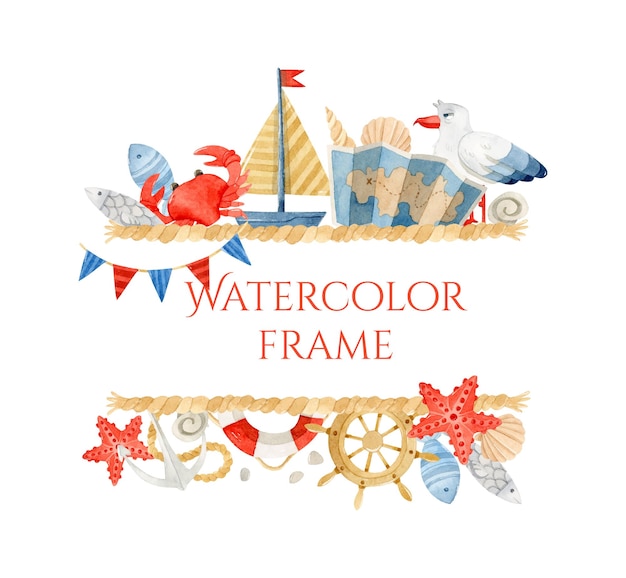 Watercolor frame with boat seagull and fishes for invitation